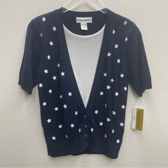 Cathy Daniels Layered Look Sweater Navy with White Stars Size Small - Picture 1 of 9